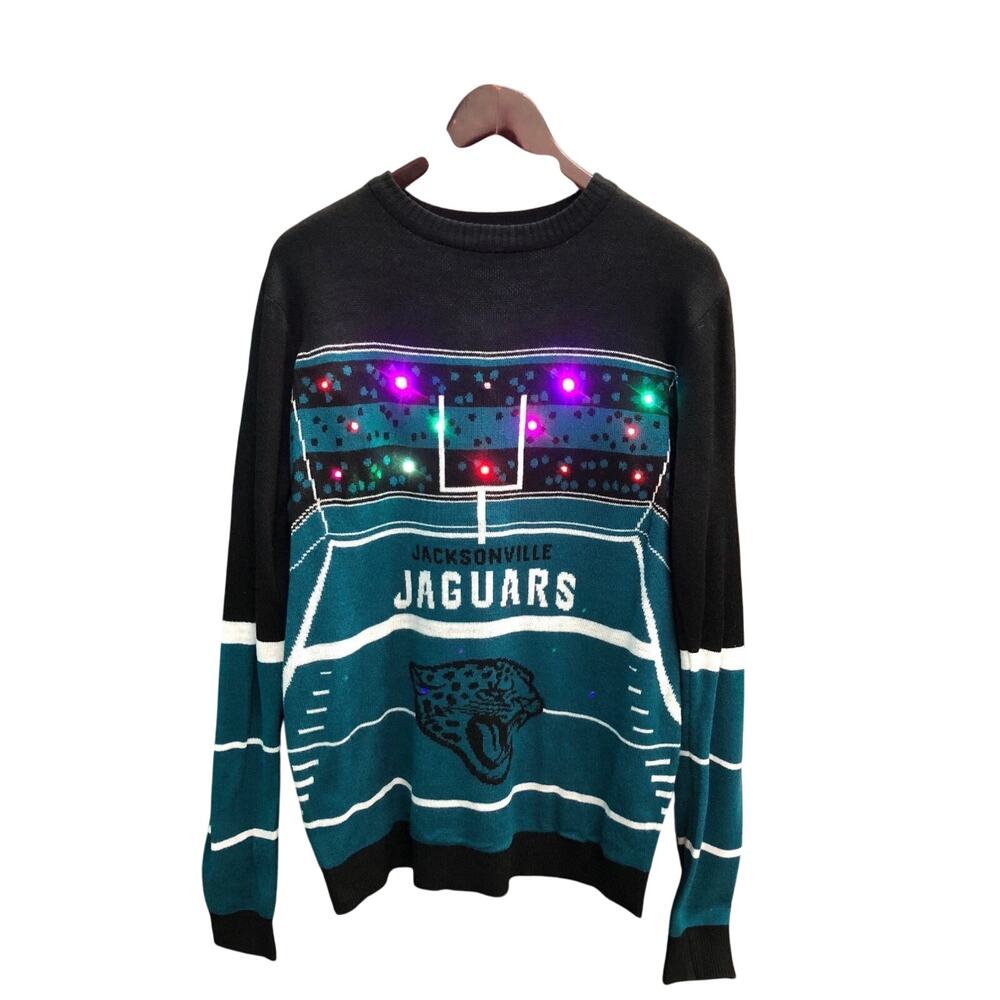 NFL Licensed Men's Jacksonville Jaguars Black/Teal Light Up Ugly Sweater Medium